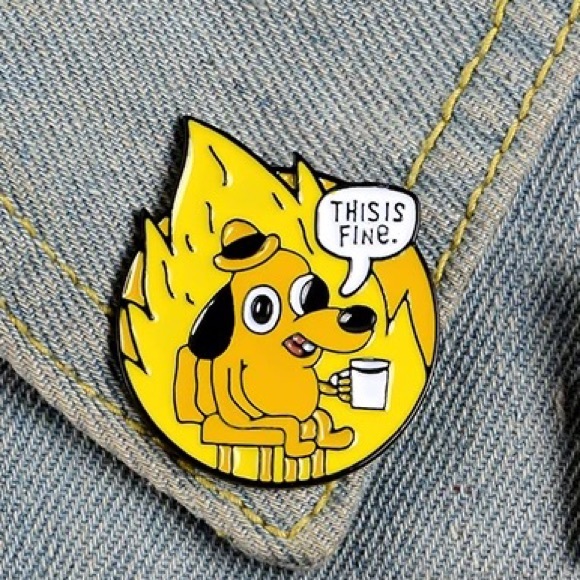 2 Pin Bundle Funny Large Enamel This is Fine Meme Dog Matching Pins BFF Gifts - Picture 3 of 12